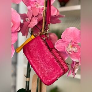 Coach Fuchsia Leather Wristlet with Yellow Tassel